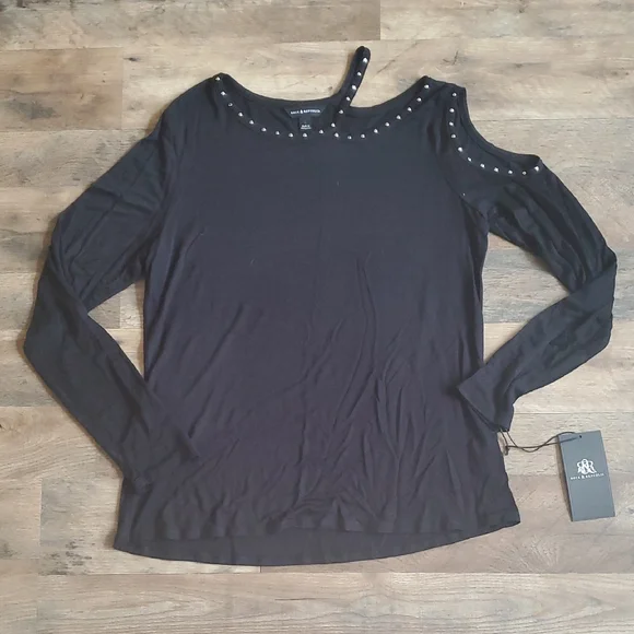 Rock & Republic Black Cold Shoulder Top with Stud Accents - Picture 1 of 7